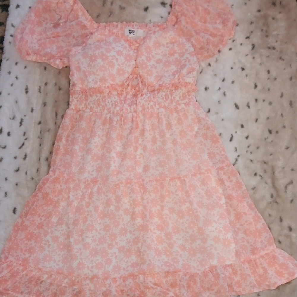 Pink and White Puff Sleeve Midi Sundress